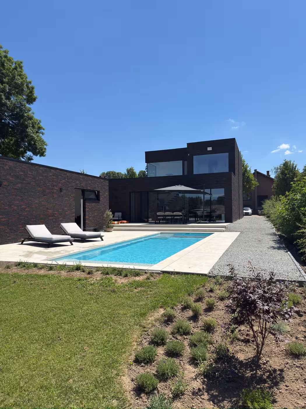 Zwembad 10 x 3 m bij daglicht met terras en ligbedden